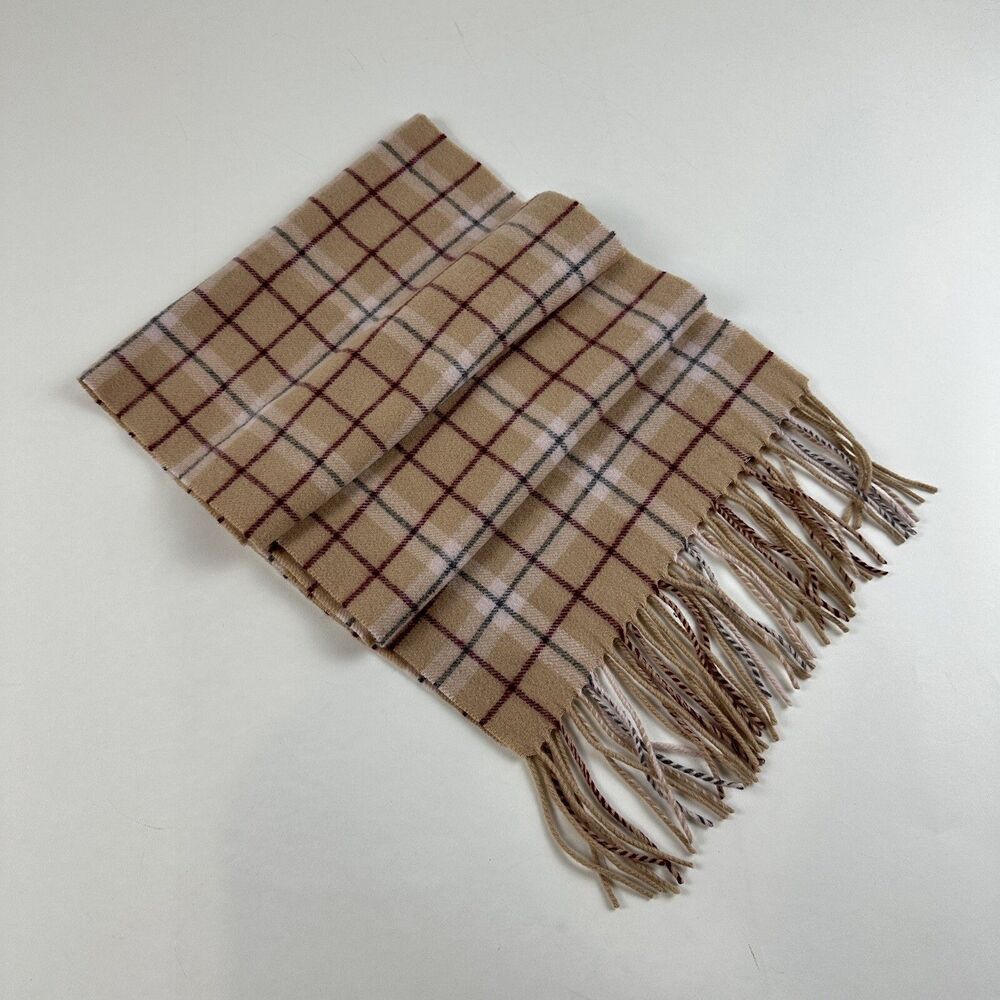 Enzo Montavani Cashmere Scarf Tan Burgundy Plaid Fringe 60"x12" Unisex Classic